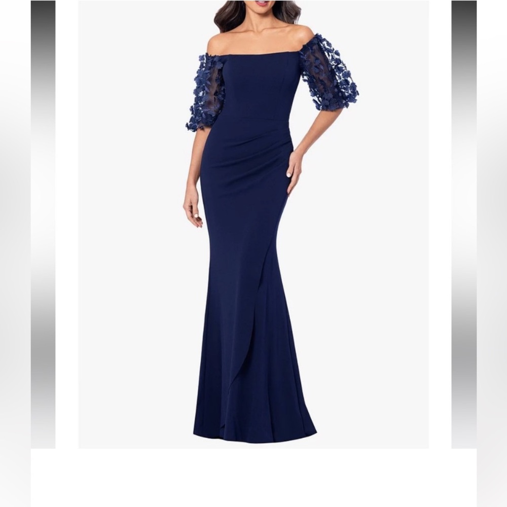 Xscape, gown
Off shoulder 
3D floral appliqué sleeves
Side and back ruching